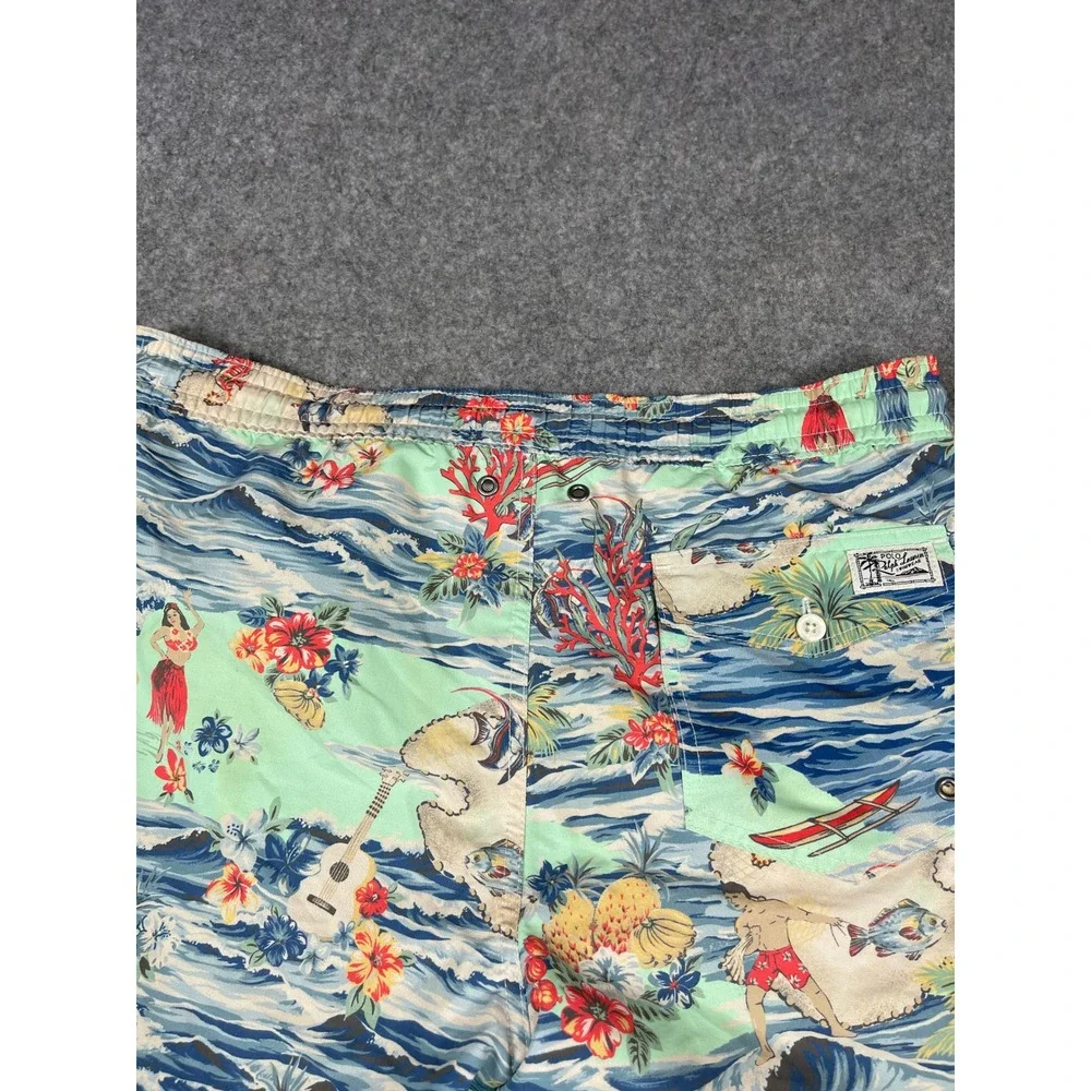 Polo Ralph Lauren Hawaiian Hula Scenic Print Swim Trunks Green Mens Small 6